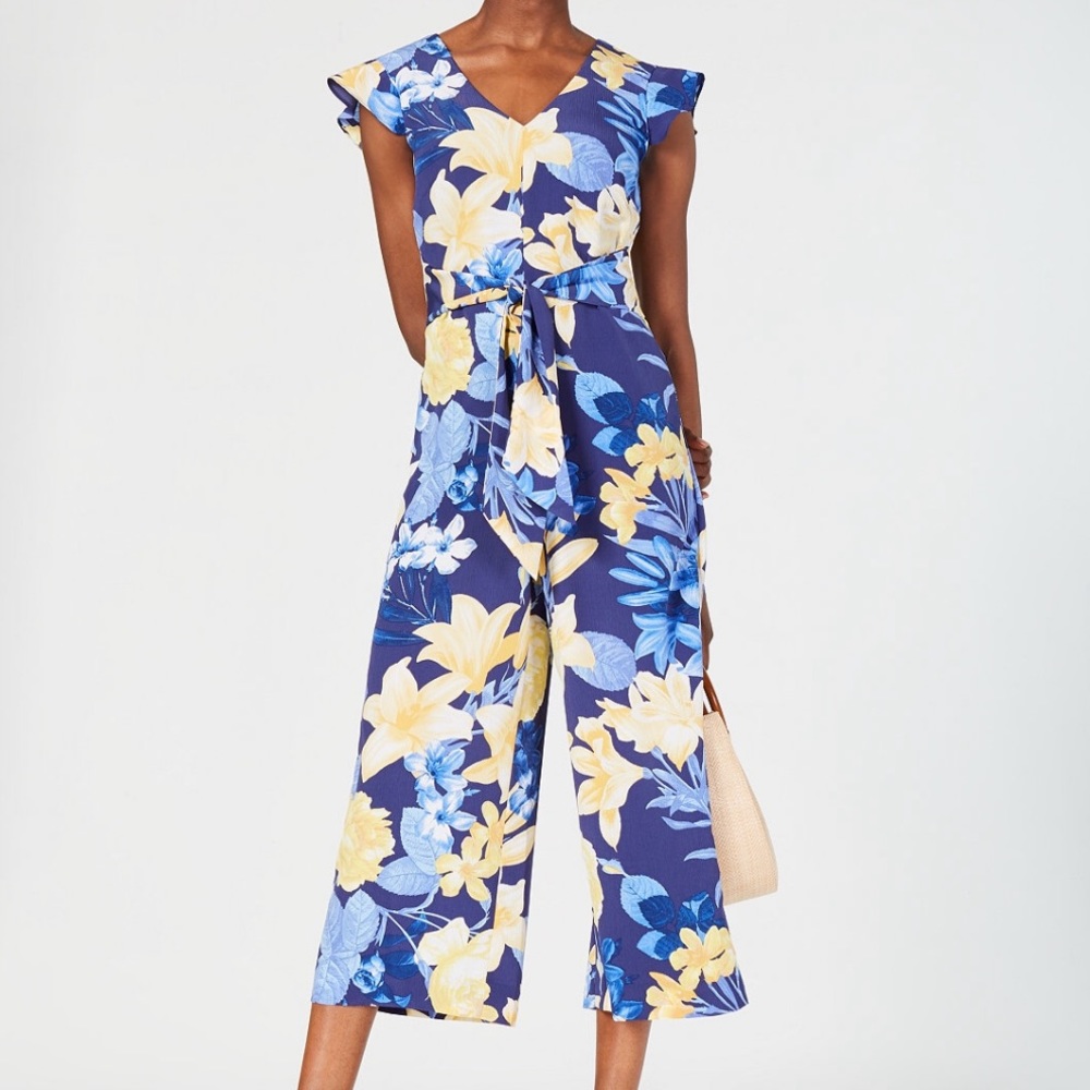 Inc Floral Tie-Waist Jumpsuit  Blue/Yellow